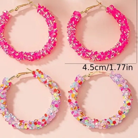 Pink Sequin with Silver Flecks Large Hoop Earrings - Picture 4 of 6